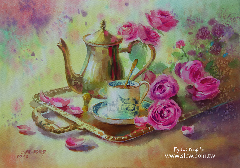 Tea time with roses_painted by Lai Ying-Tse